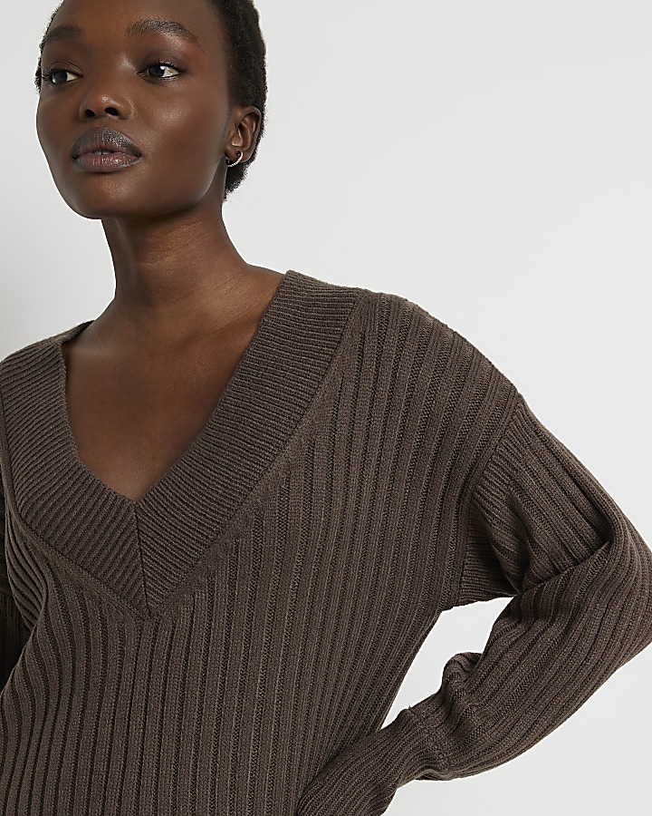 Brown long sleeve jumper mini dress | River Island