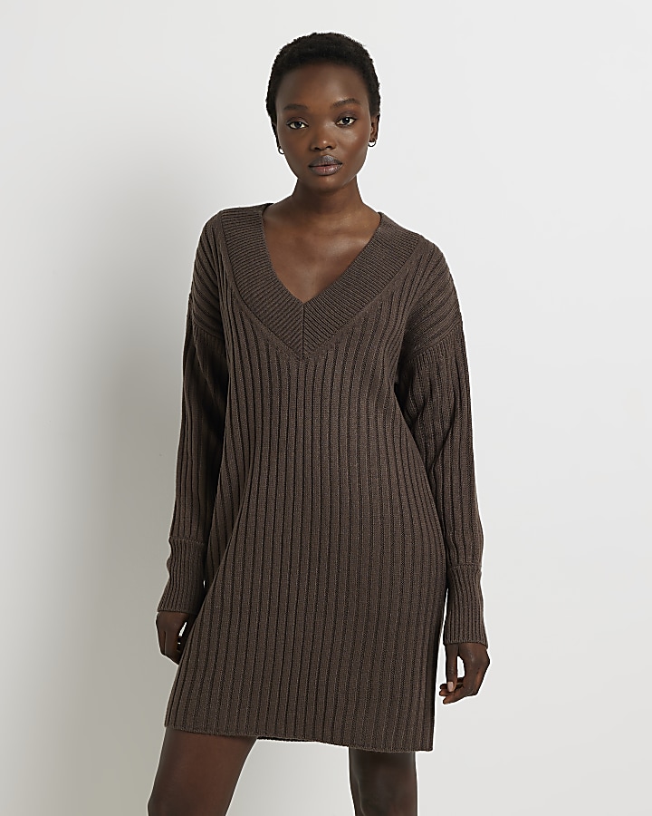 Brown long sleeve jumper mini dress | River Island