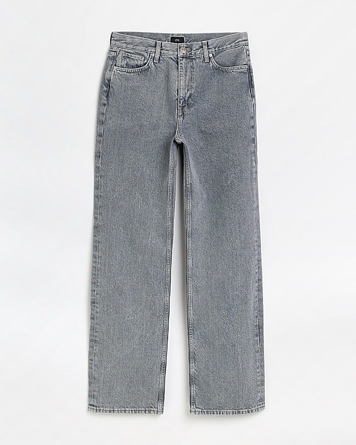 Grey mid rise straight leg jeans