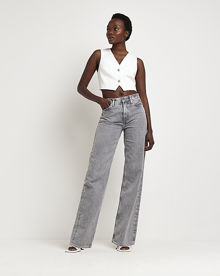 Grey mid rise straight leg jeans