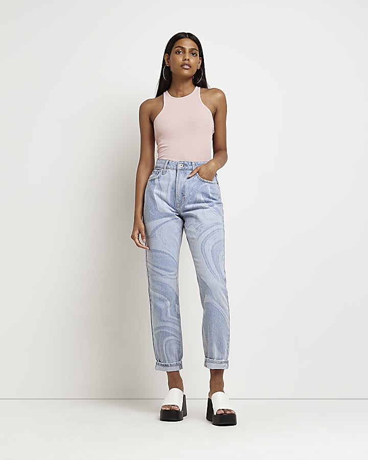 Blue printed high rise mom jeans