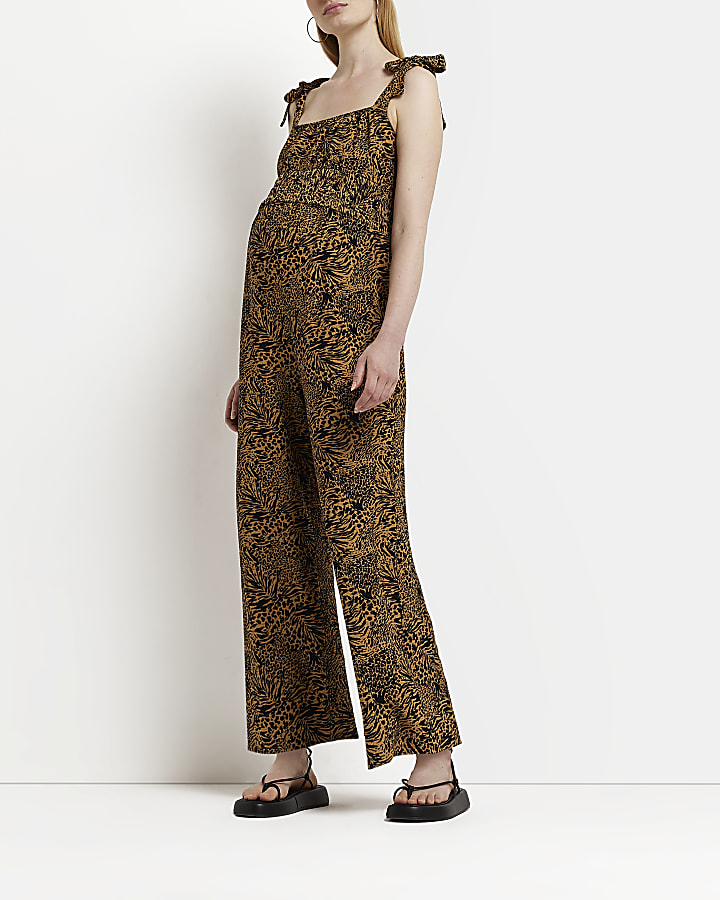 Maternity brown animal print shirred jumpsuit