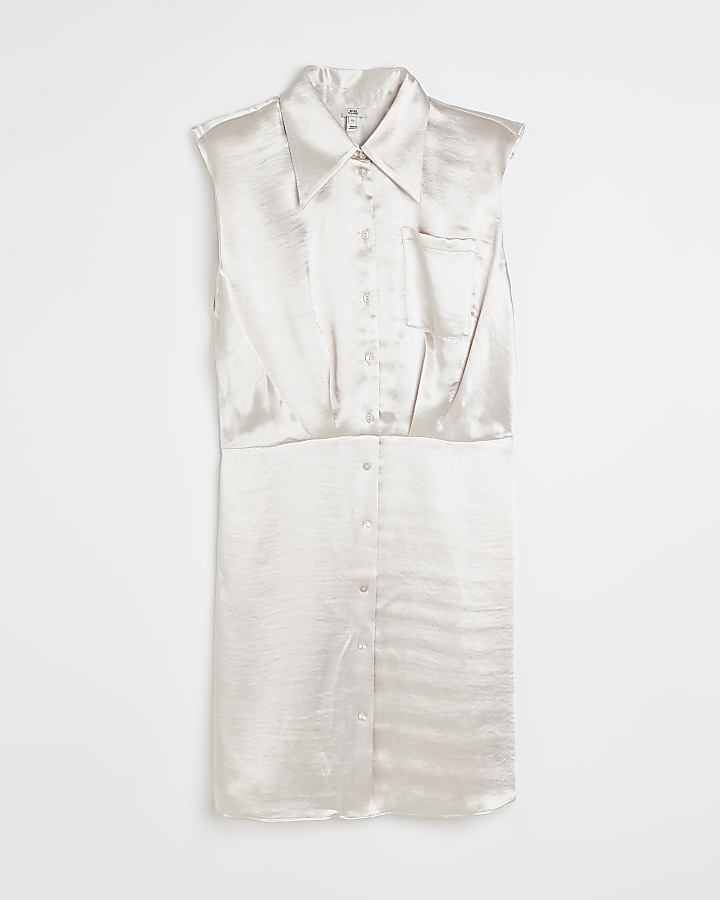 Silver satin mini sleeveless shirt dress