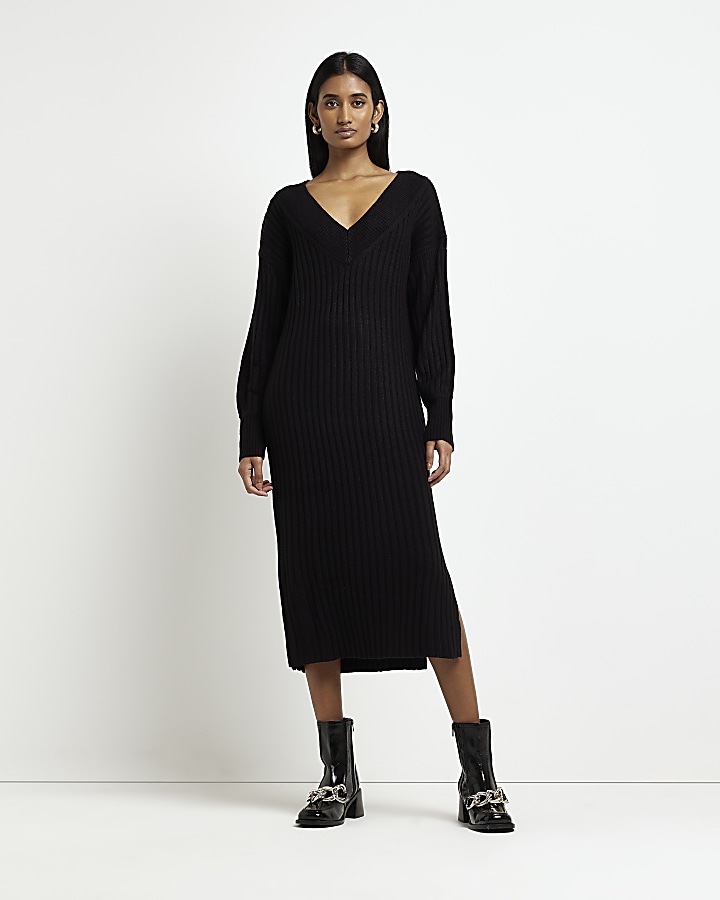 Black knit jumper midi dress River Island
