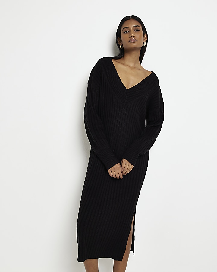 Petite Black Ribbed Longsleeve Split Dress