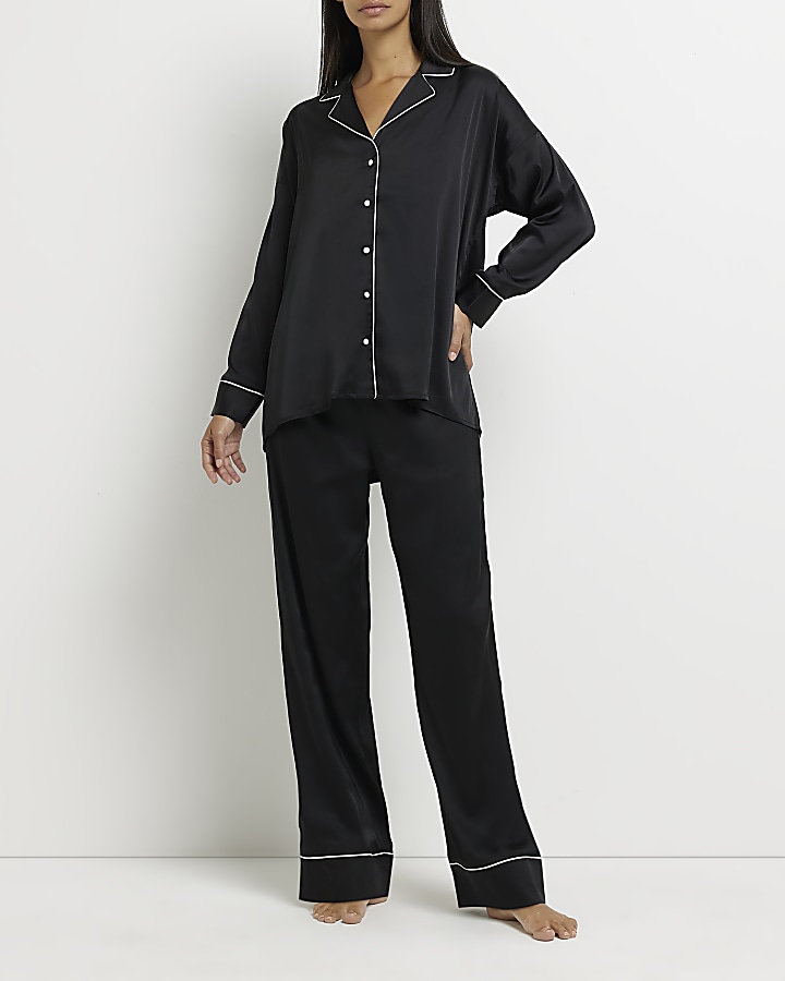 Black satin long sleeve pyjama top River Island