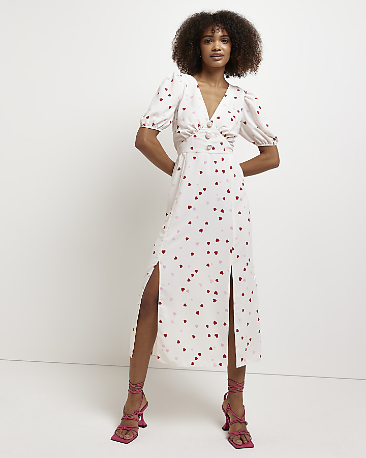 White heart print shift midi dress