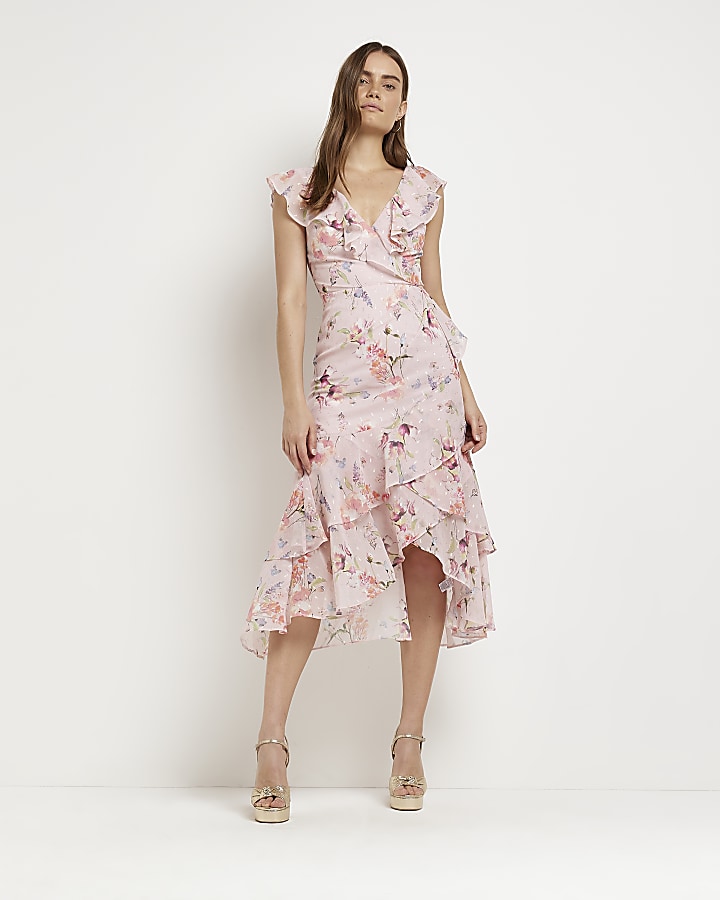 Pink floral frill wrap midi dress