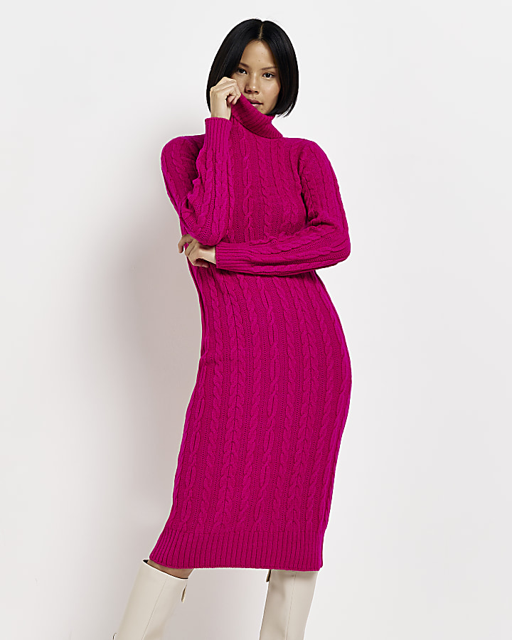 Pink long sleeve cable maxi jumper dress