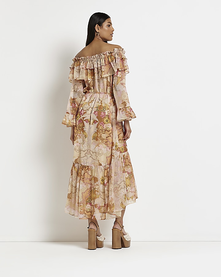 Brown floral bardot maxi dress
