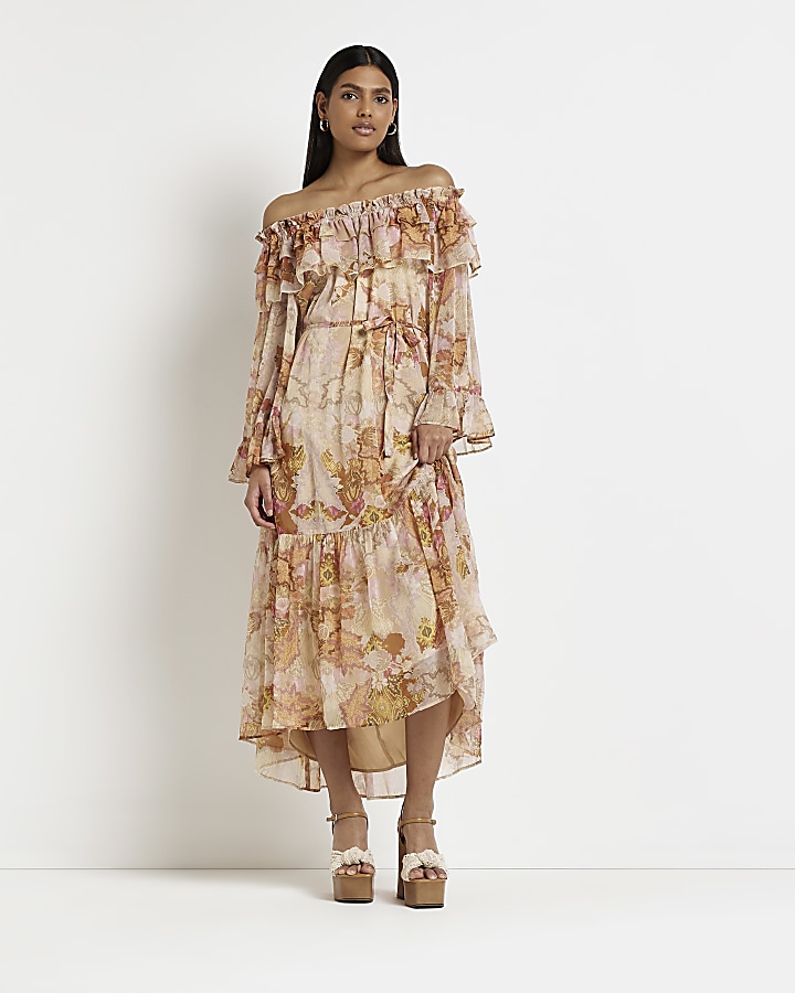 Brown floral bardot maxi dress