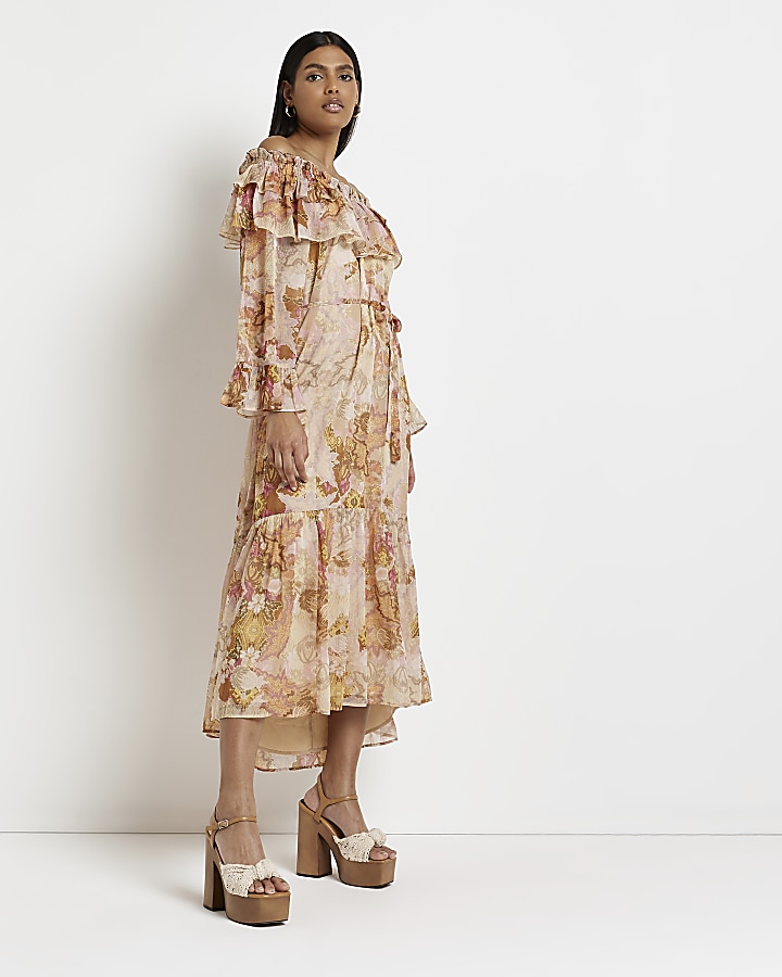 Brown floral bardot maxi dress