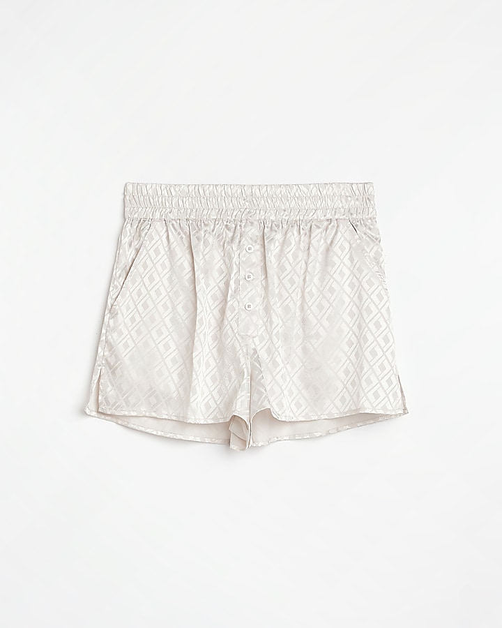 Cream jacquard print satin pyjama shorts