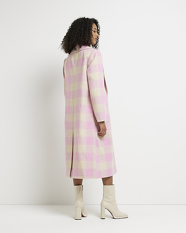 Pink check double breasted longline coat