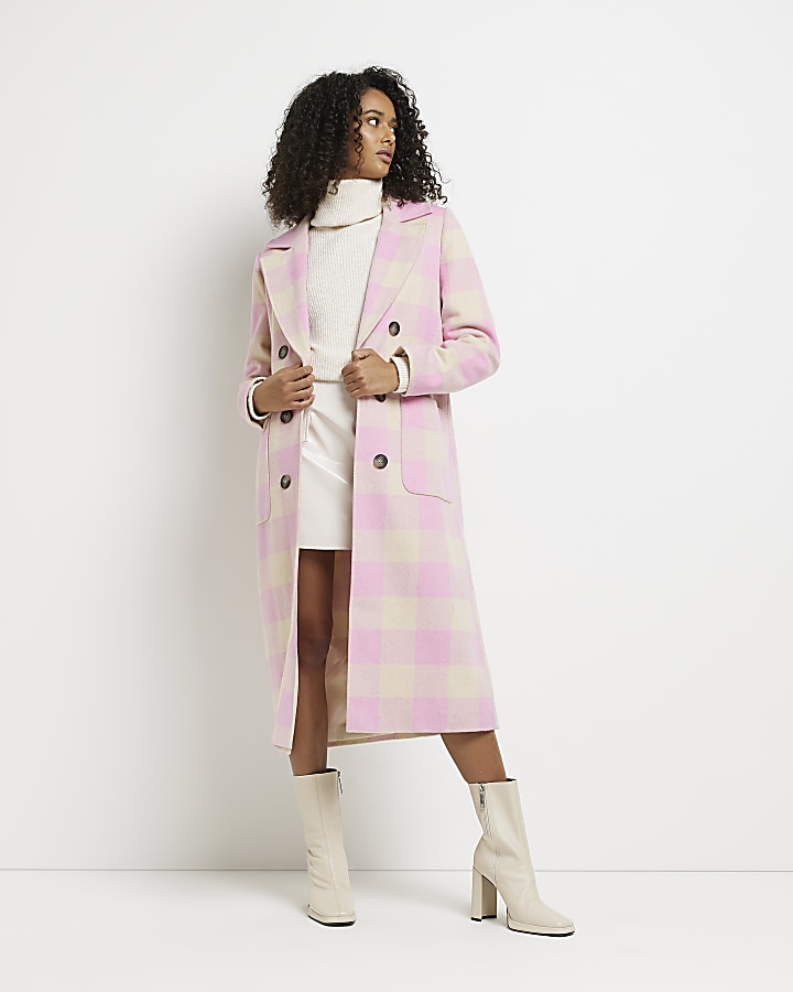 Pink check double breasted longline coat