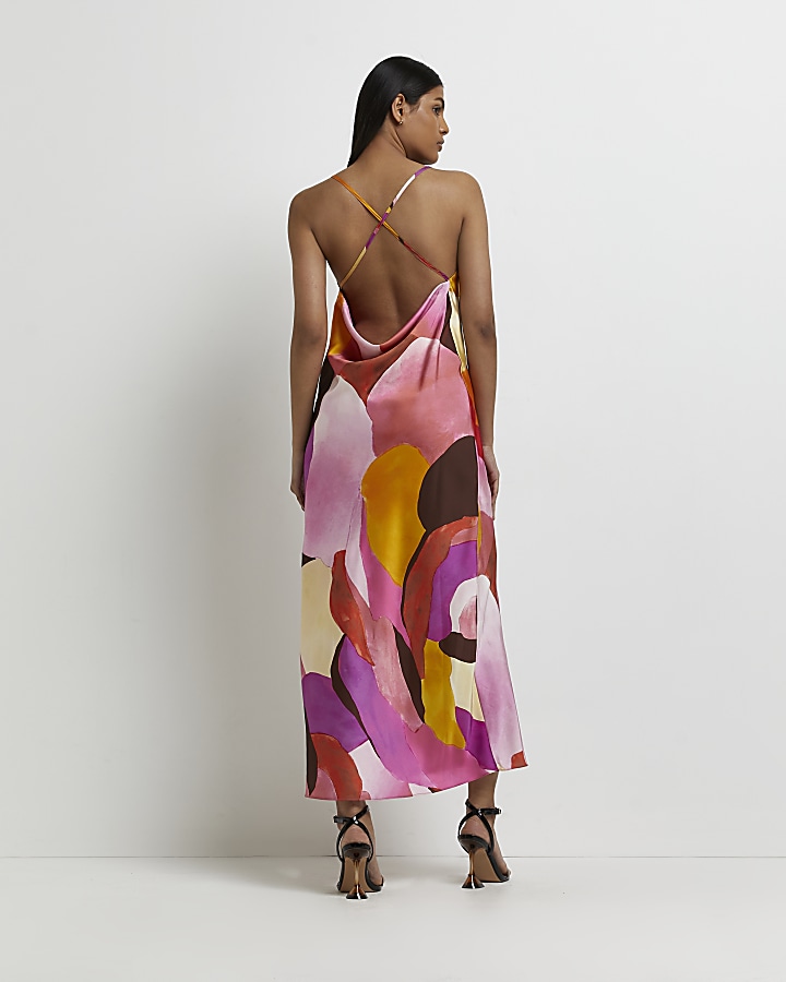 Pink printed backless slip maxi dress