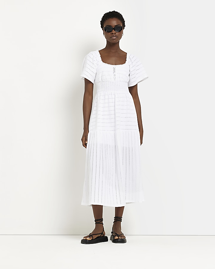 White broderie smock midi dress