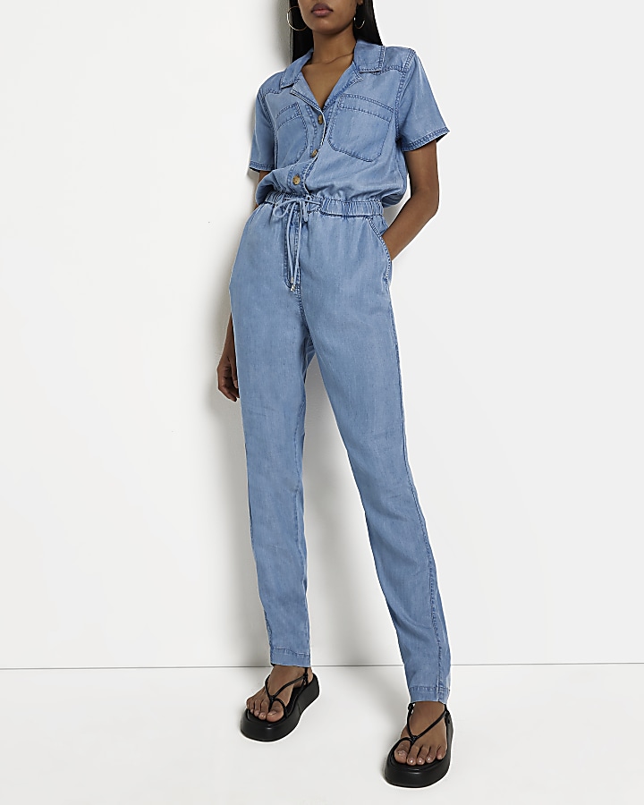 Blue denim utility jumpsuit