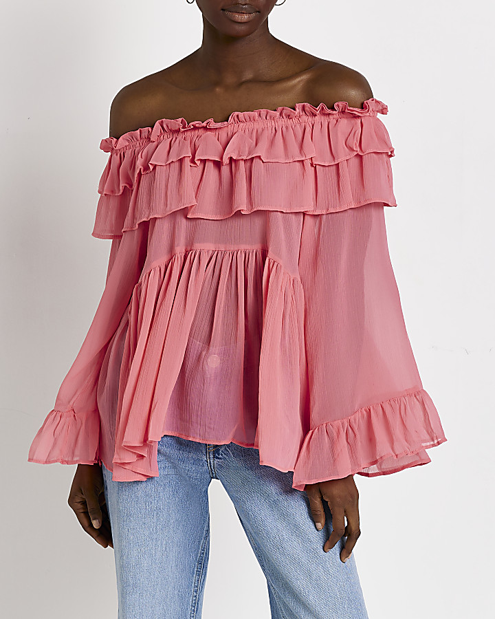 Pink frill bardot top