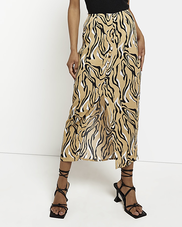 Beige Animal Print Midi Skirt