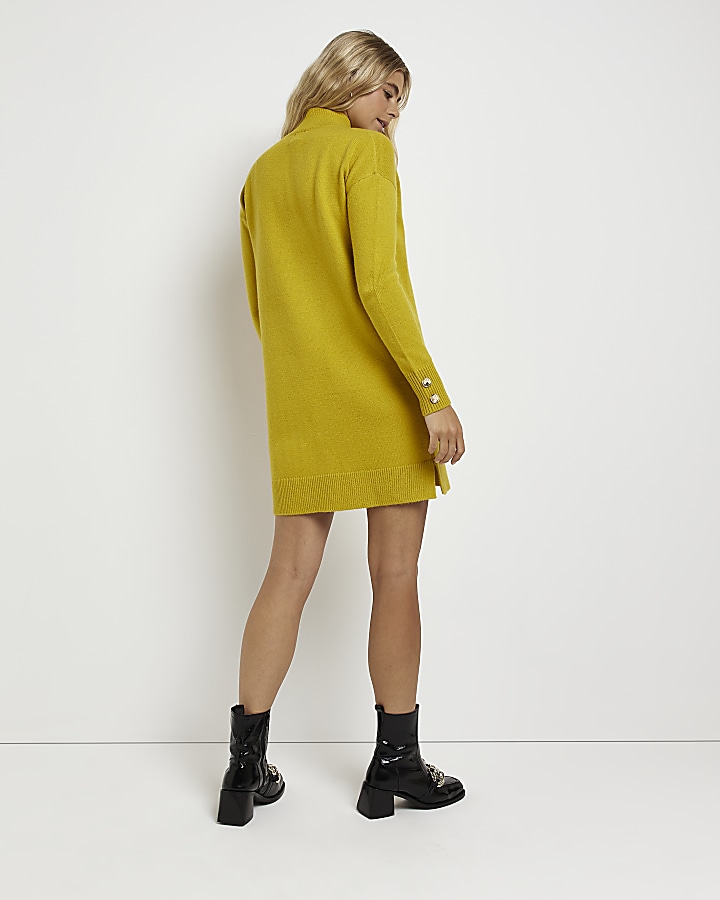 Yellow high neck jumper mini dress
