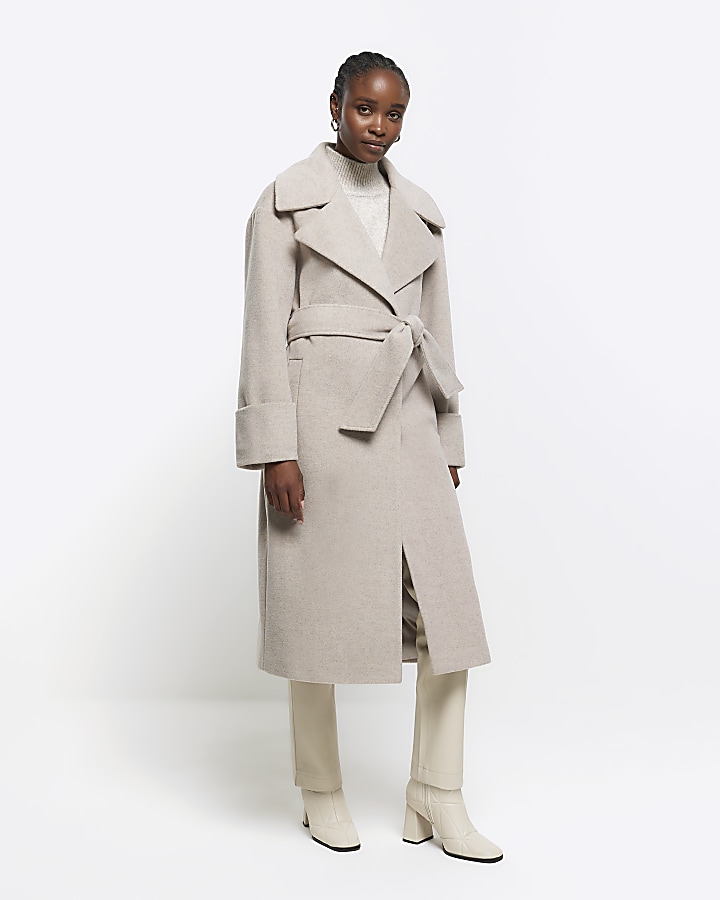 Beige belted wrap coat | River Island