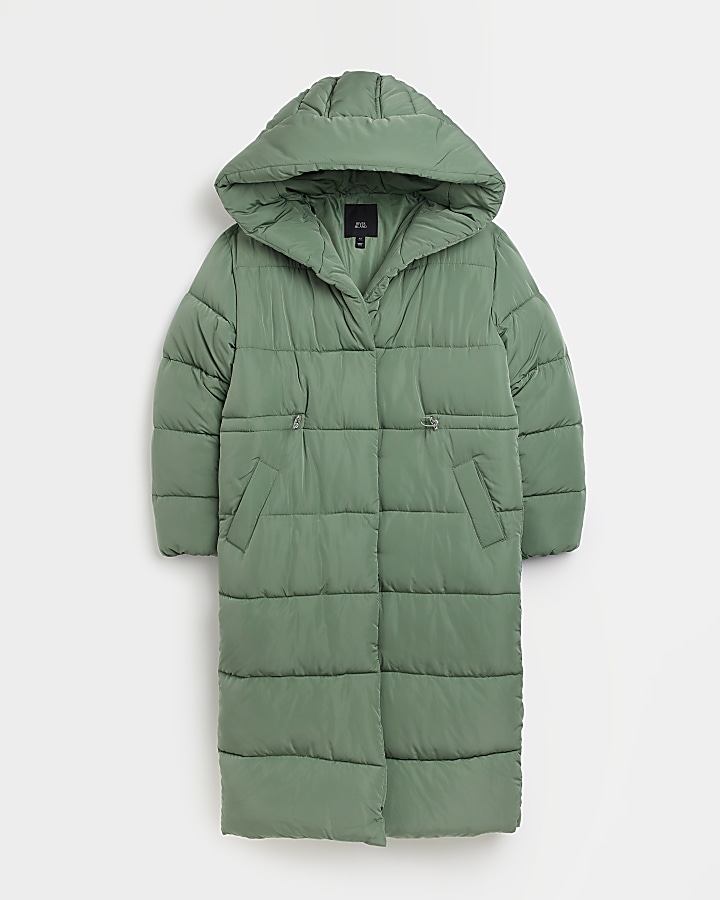 Green hooded longline puffer coat