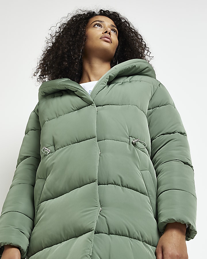 Green hooded longline puffer coat