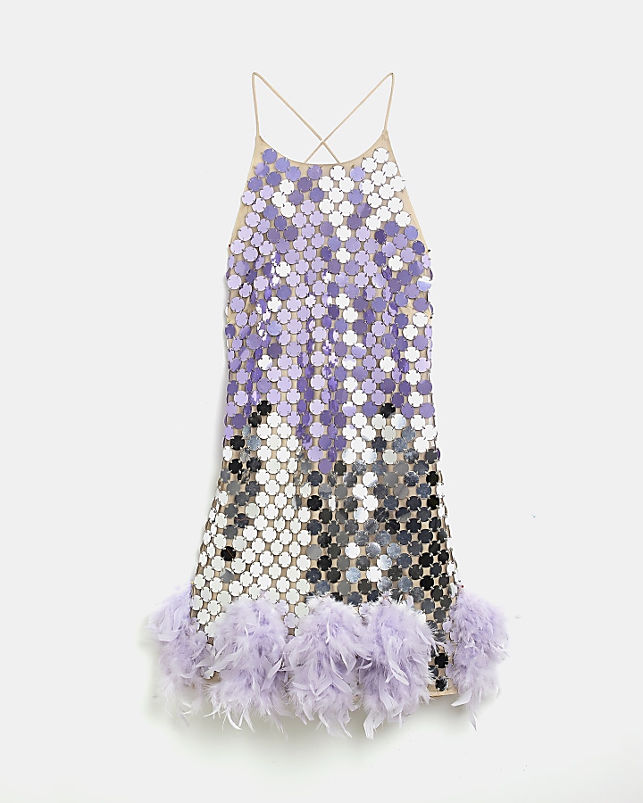 Plus purple sequin feather mini dress