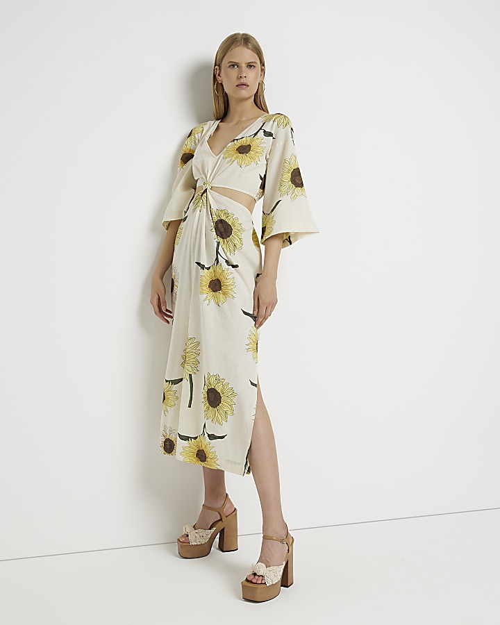 Cream floral cut out kimono midi dress