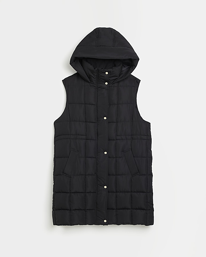 Plus black quilted hooded longline gilet