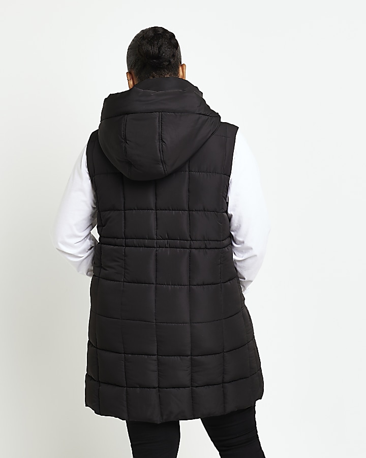Plus black quilted hooded longline gilet