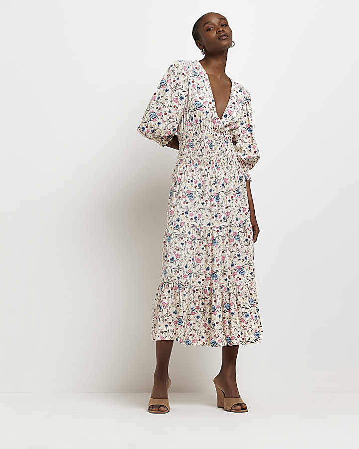 Cream floral shirred smock midi dress