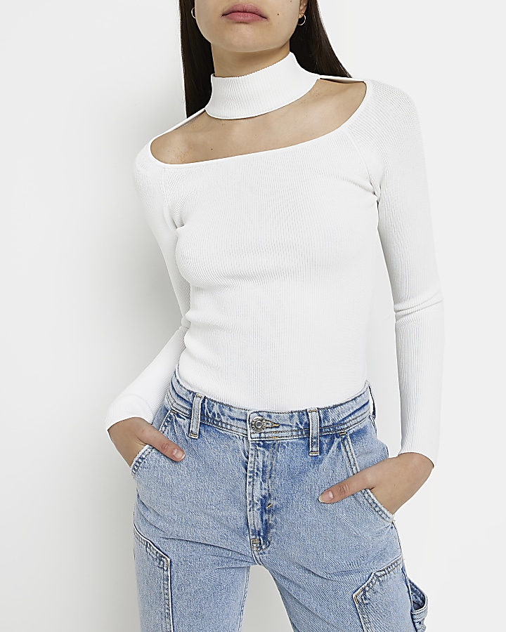 White knit choker long sleeve top