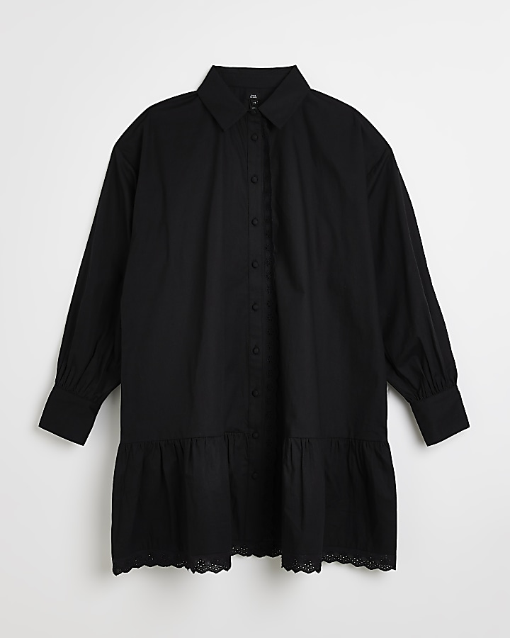 Black lace trim mini shirt dress