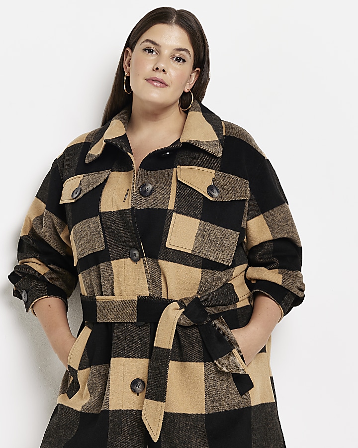 Plus brown check belted shacket