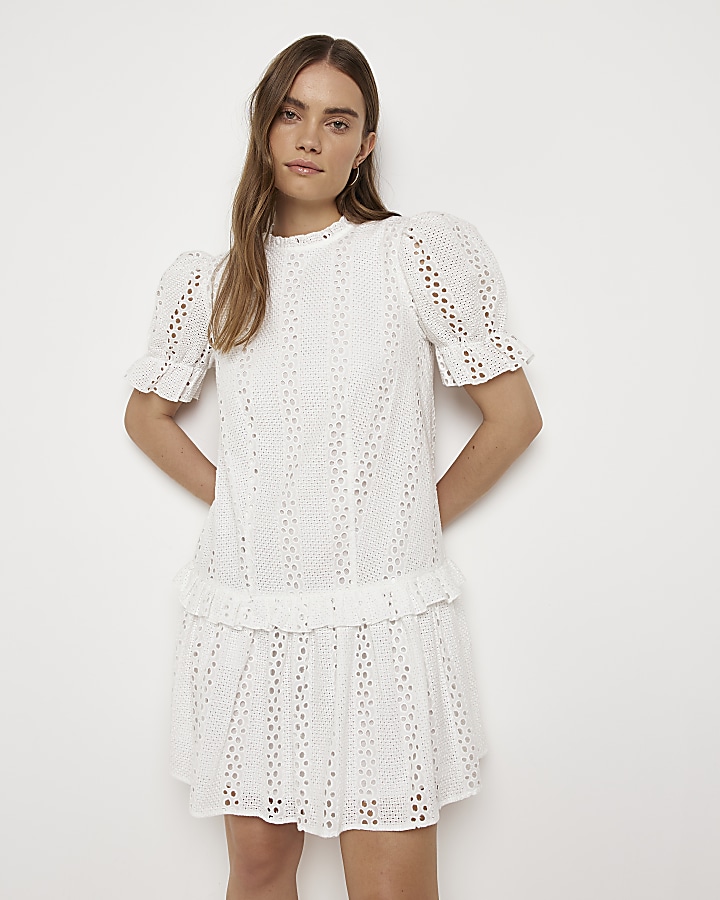 River island long sleeve broderie lace shirt dress in sales white