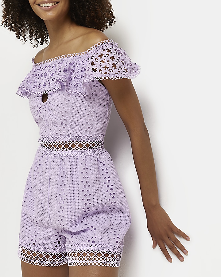 Purple broderie bardot playsuit