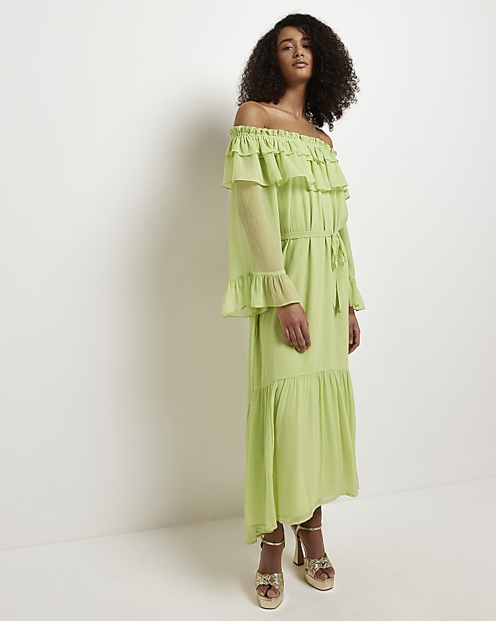 Green frill bardot midi dress