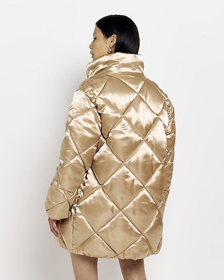 Gold satin quilted puffer coat