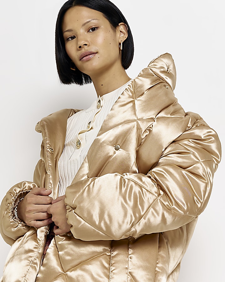 Gold satin quilted puffer coat