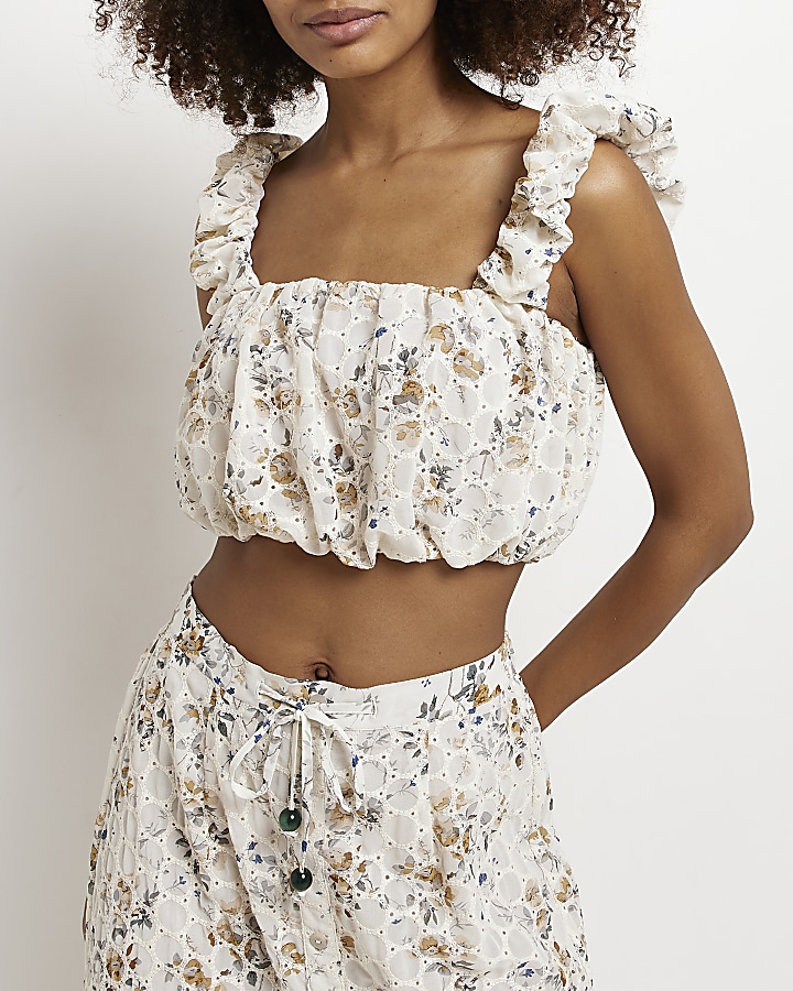 Beige floral broderie cropped top