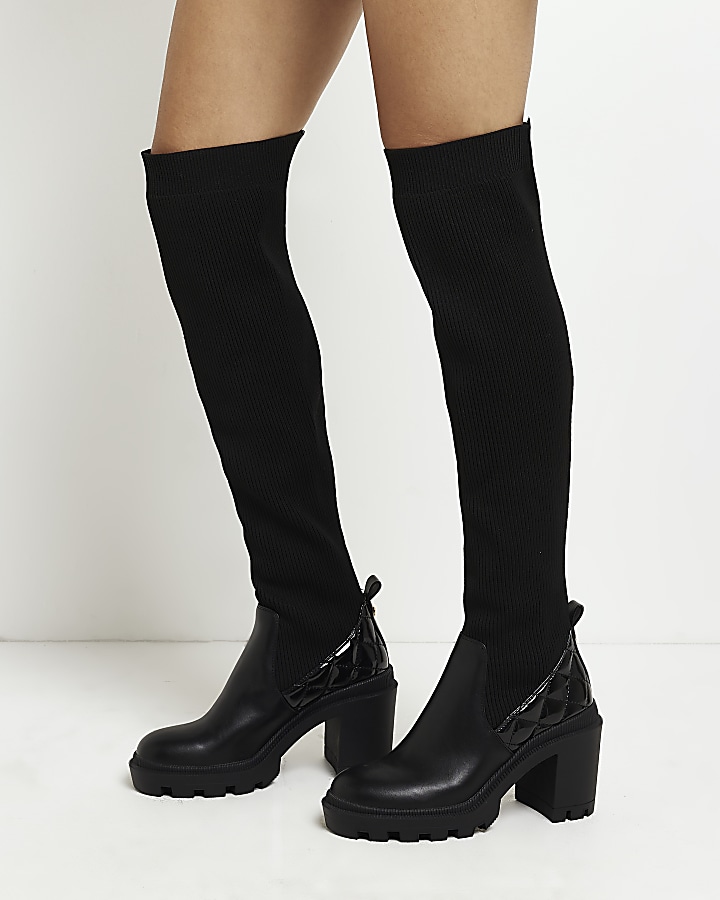 Black knit knee high platform boots