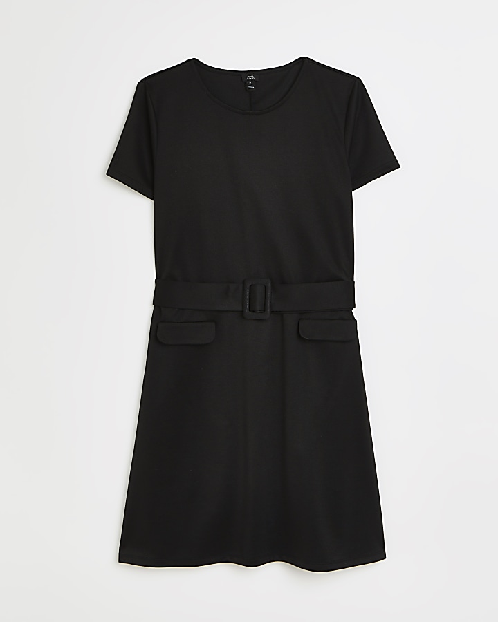 Black belted shift mini dress