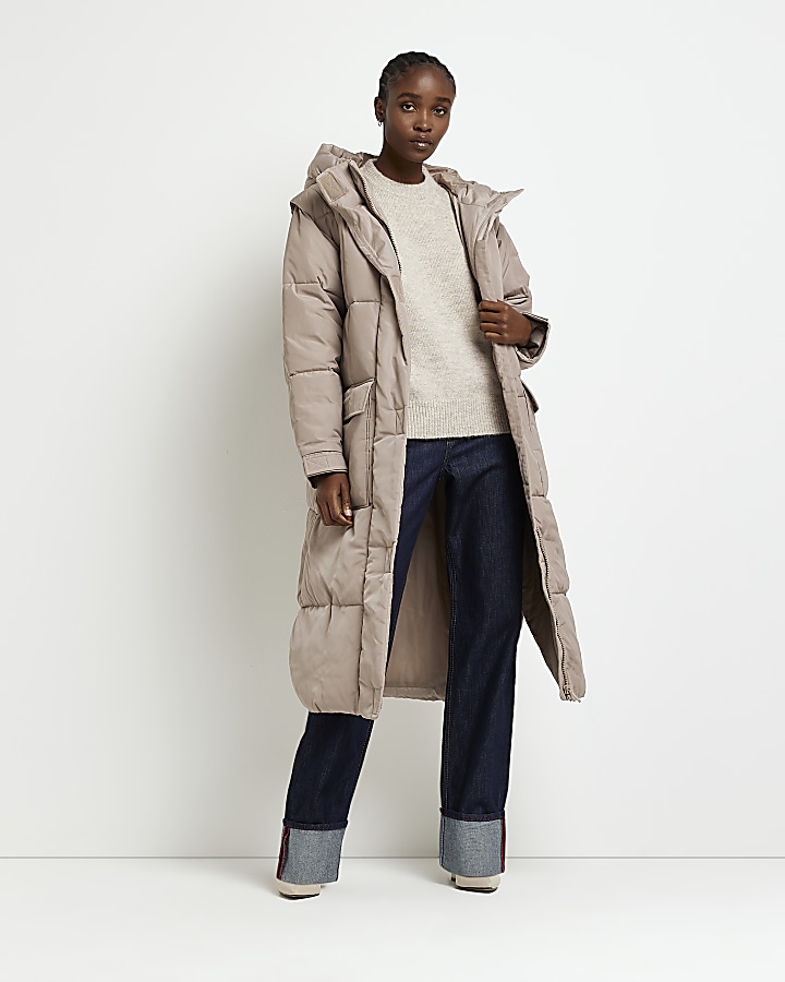 Beige padded longline hooded puffer coat