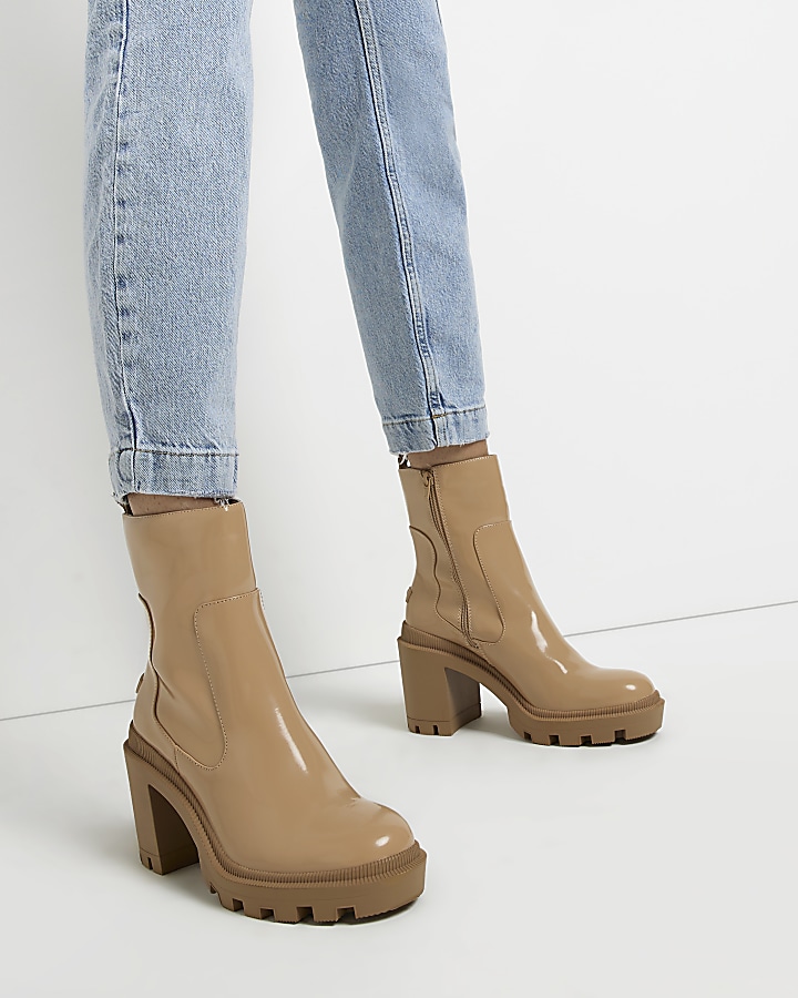 Beige rubber heeled ankle boots
