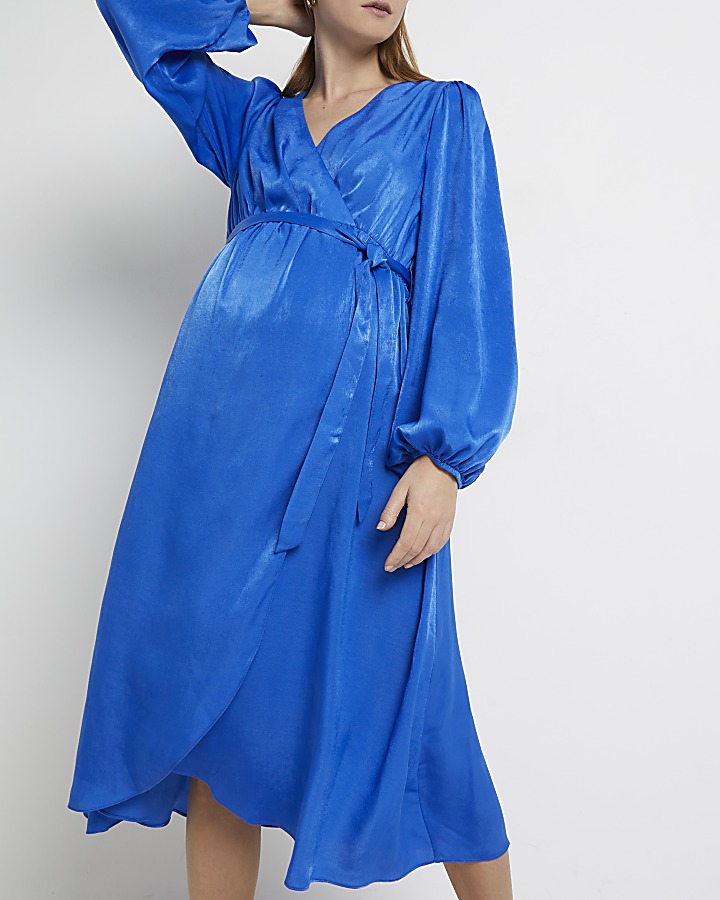 Blue satin maternity wrap midi dress River Island