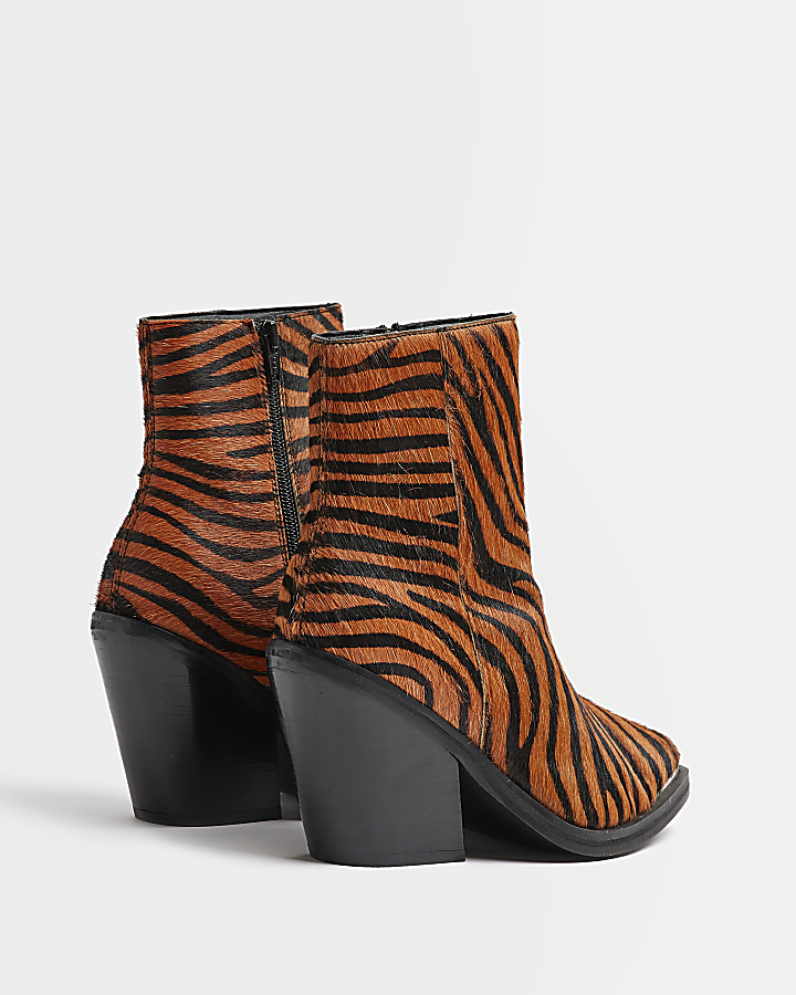 Orange leather animal print ankle boots