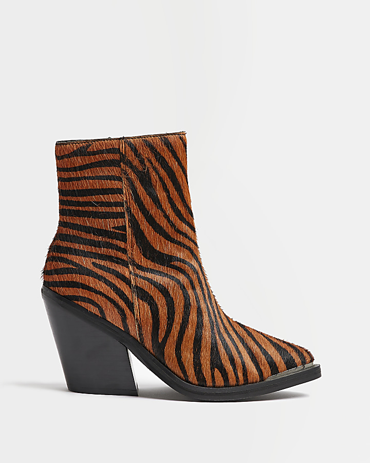 Orange leather animal print ankle boots