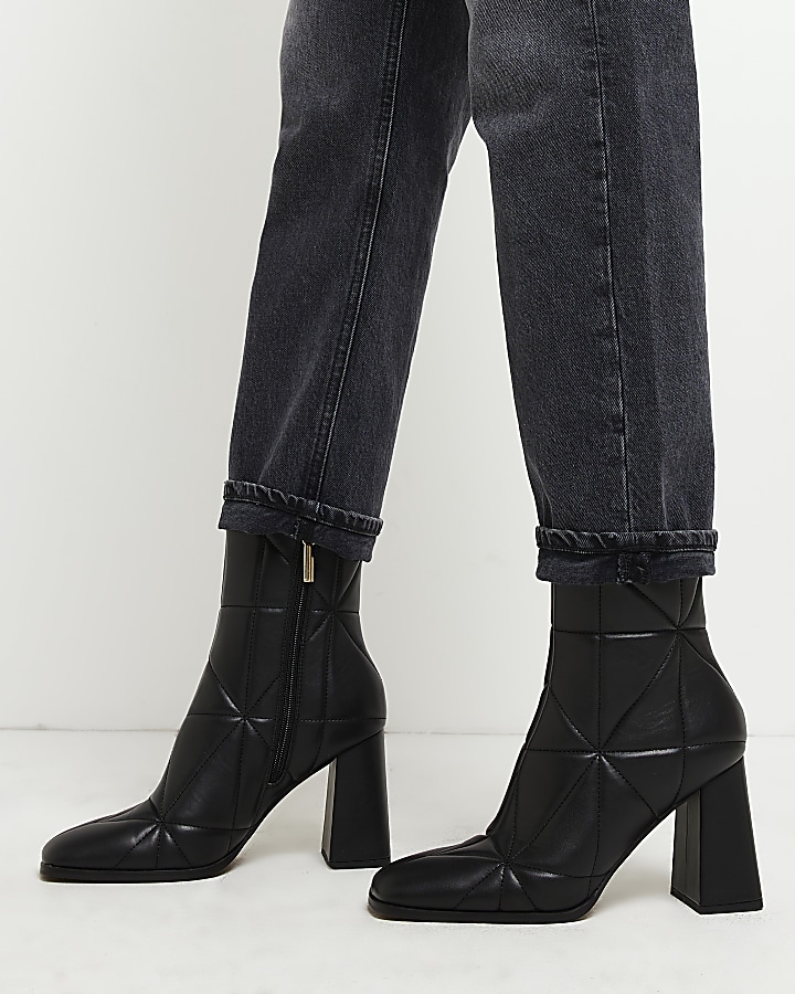 Black quilted heeled ankle boots | River Island